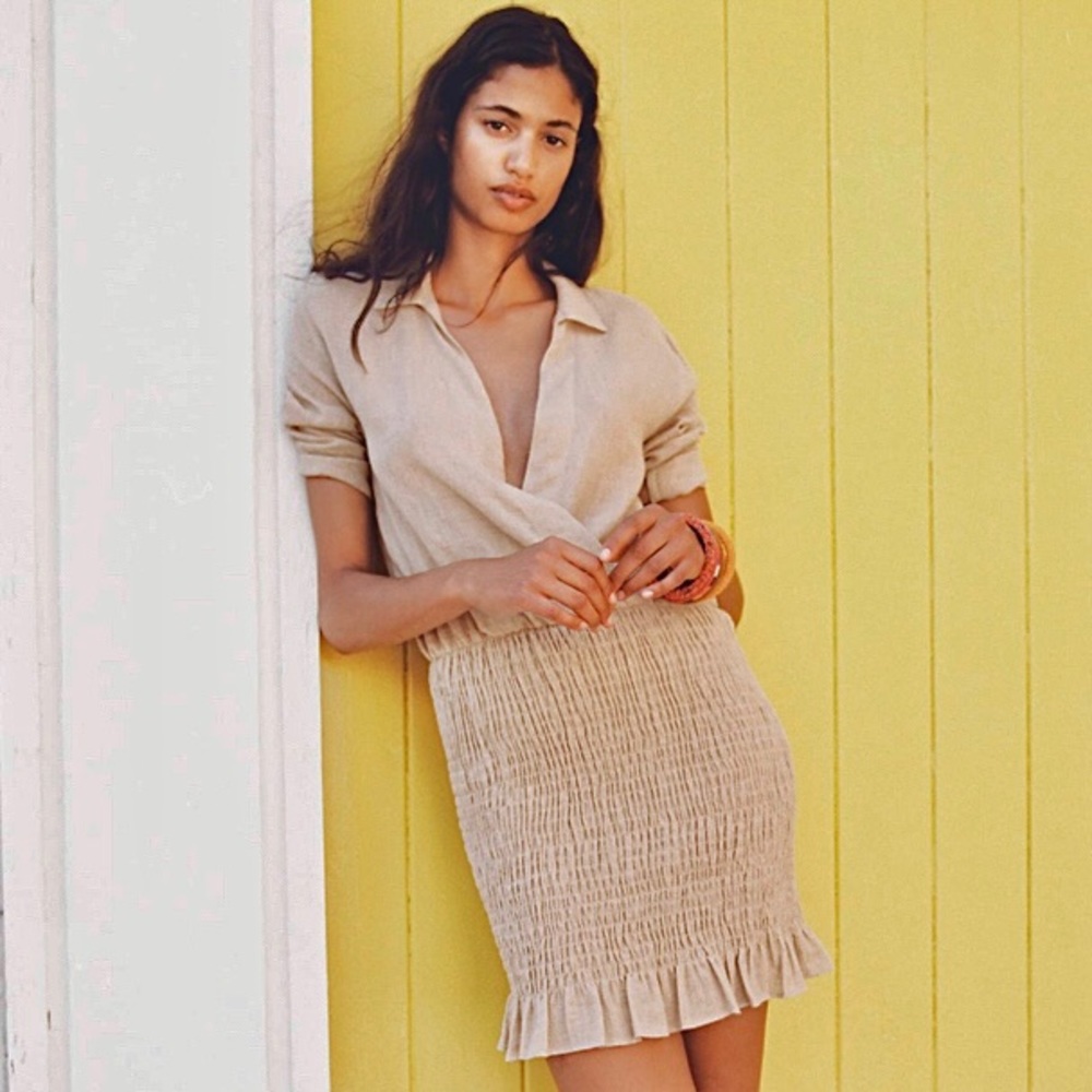 ZARA Long Sleeve Linen Blend Smock Mini Dress Deep V Neck